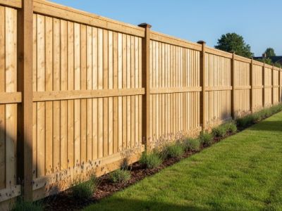 A tall wooden fence extends into the distance, bordering a neatly mowed lawn and a row of lavender bushes. The fence is made of vertical wooden planks with horizontal supports and topped with decorative finials.