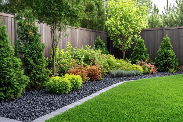 A meticulously landscaped garden features a vibrant array of greenery and colorful shrubs bordered by dark grey gravel. A neatly manicured lawn curves alongside the garden bed, leading to a dark wooden fence.