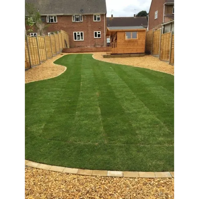 A freshly mown lawn with striped patterns dominates the center of the image. The lawn is bordered by gravel paths and wooden fencing, with a small wooden shed visible in the background behind a brick house.